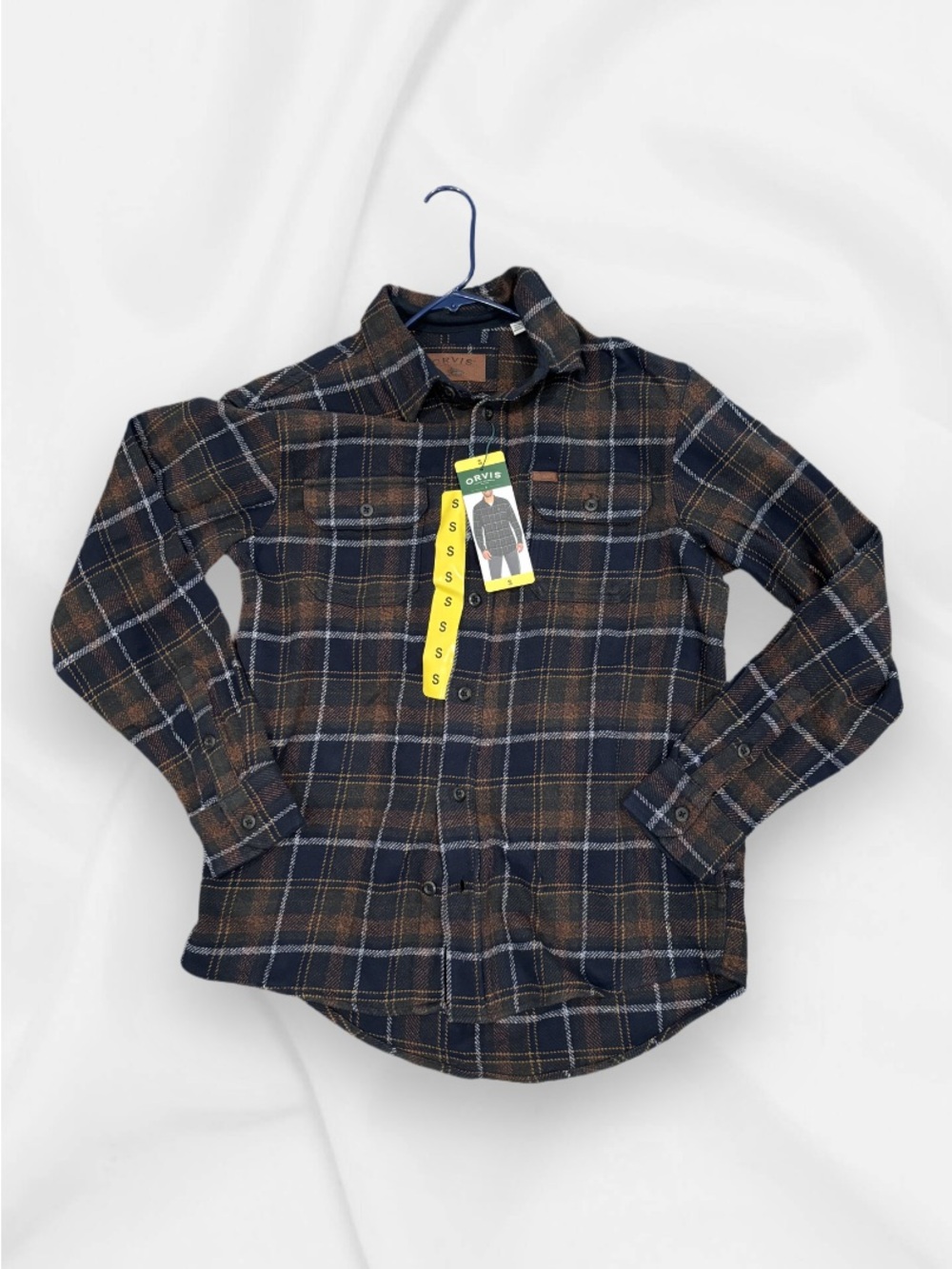 Orvis Men’s Navy and Brown Plaid Button-Down Shirt Jacket